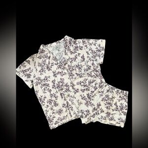 Nine West Women's 2 Piece Pajama Shorts Set Cream w Purple Floral Pattern - XL